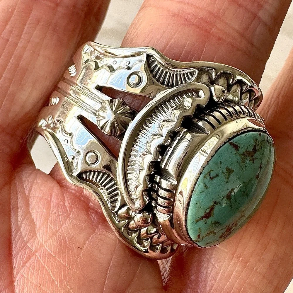 BIG Navajo Mens Turquoise Ring Sz 14 Wide Band Signed Lee Sterling Native Amer